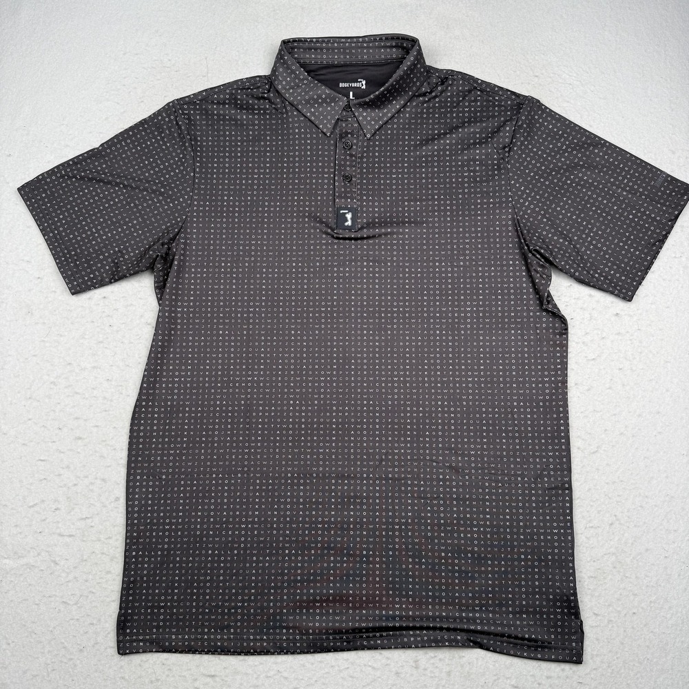 BogeyBros Polo Shirt Mens Large Gray Word Search Golf Performance Stretch Tech